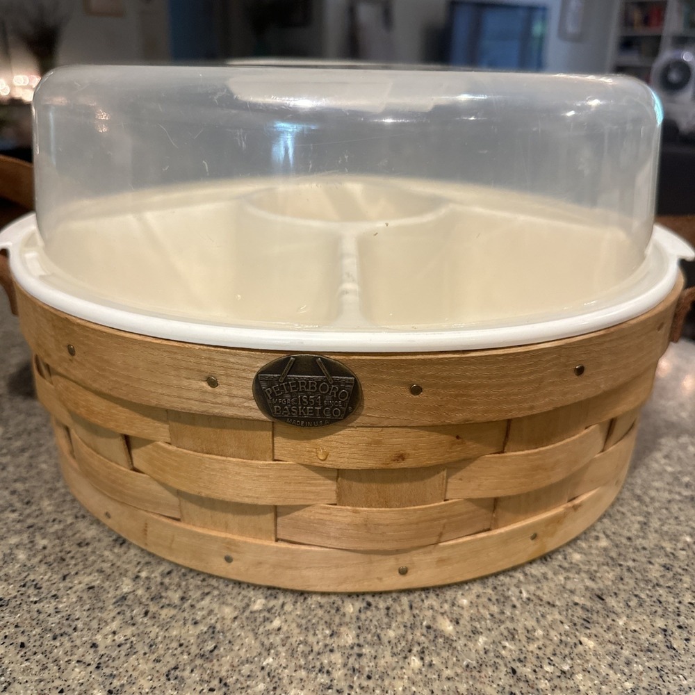 12" Peterboro Basket w/Leather Handles + Divided Plastic Party Server Tray & Lid